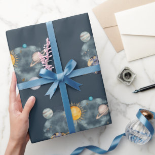 Papier Cadeau Espace Anniversaire Galaxie Soleil Lune Étoiles Pl