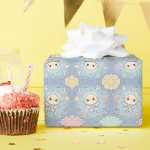 Papier Cadeau Espace Mignon Kawaii - Astronaute et Lune Souriant