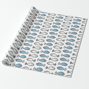 Papier Cadeau Eté Mer Bleu Blanc Poissons Motif