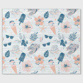 Papier Cadeau Été Plage Tropical Bleu Corail Rayé  (Plat)