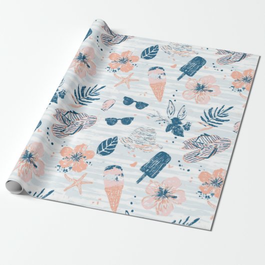 Papier Cadeau Été Plage Tropical Bleu Corail Rayé  (Déroulé)