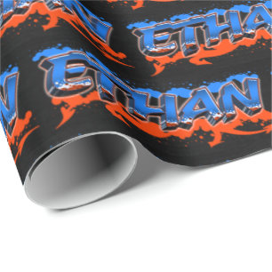 Papier Cadeau Ethan Prénom Graffiti blue orange