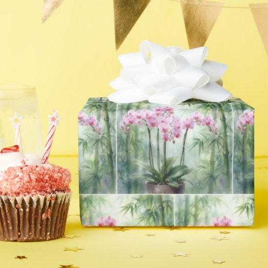 Papier Cadeau Ethereal Pink Orchids and Bamboo (Fête d'anniversaire)