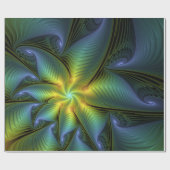 Papier Cadeau Etoile Abstraite, Bleu brillant Vert Or Fractal Ar (Plat)