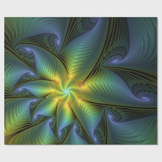 Papier Cadeau Etoile Abstraite, Bleu brillant Vert Or Fractal Ar (Plat)