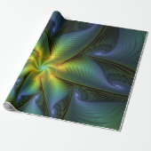 Papier Cadeau Etoile Abstraite, Bleu brillant Vert Or Fractal Ar (Déroulé)