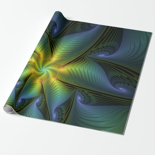 Papier Cadeau Etoile Abstraite, Bleu brillant Vert Or Fractal Ar (Déroulé)