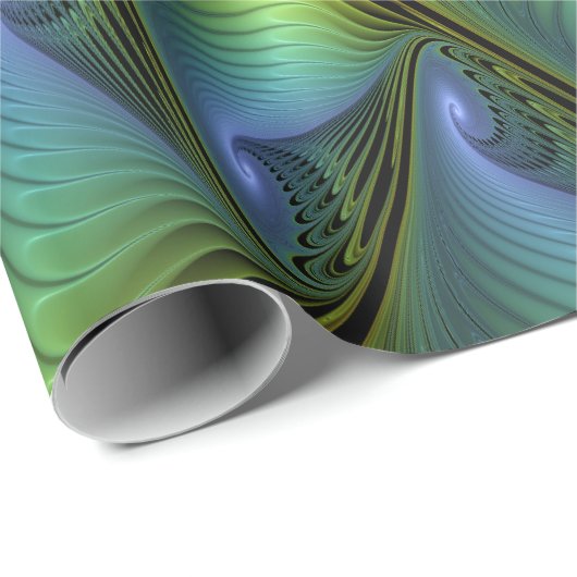 Papier Cadeau Etoile Abstraite, Bleu brillant Vert Or Fractal Ar (Coin rond)