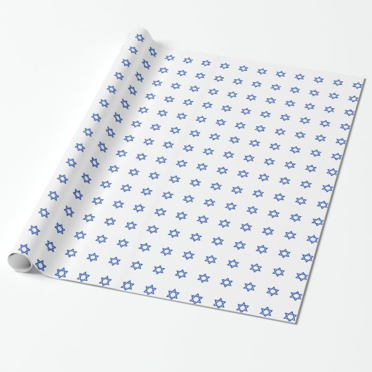 Papier Cadeau Étoile bleue de David sur fond blanc (Déroulé)