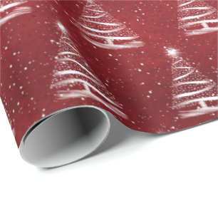 Papier Cadeau étoile d'arbre de Noël blanche sur fond rouge