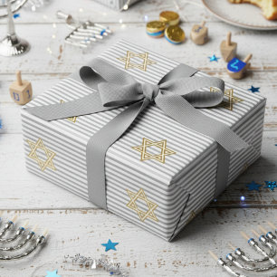 Papier Cadeau Étoile de David classique argentée rayée dorée jui