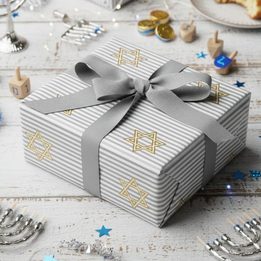 Papier Cadeau Étoile de David classique argentée rayée dorée jui