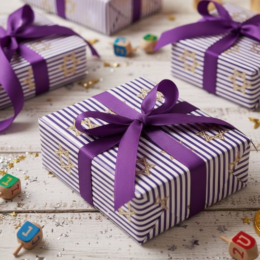 Papier Cadeau Étoile de David dorée juive indigo rayée