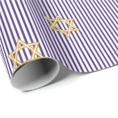 Papier Cadeau Étoile de David dorée juive indigo rayée (Coin rond)