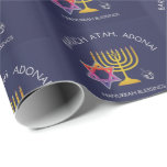 Papier Cadeau Étoile de David Menorah Dreidel Bénédiction | Chan<br><div class="desc">Élégant et élégant HANOUKKA BLESSINGS Wrapping Paper. Le design montre un MENORAH couleur or avec l'étoile multicolore de DAVID et gris argenté DREIDEL. En haut il y a le texte courbe qui dit BARUCH ATAH, ADONAI (Béni soit toi, ô Dieu) et en dessous le texte dit HANOUKKA BLESSINGS. La couleur...</div>