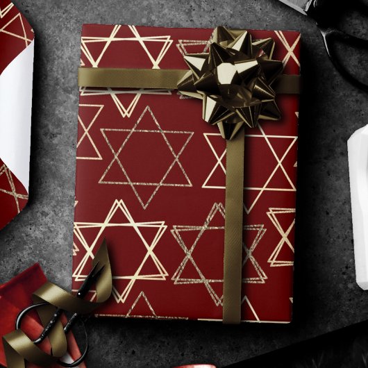 Papier Cadeau Étoile de David Motif | Moderne de l'or en rouge