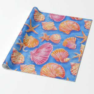 Papier Cadeau Étoile de mer coquille nautique audacieuse orange