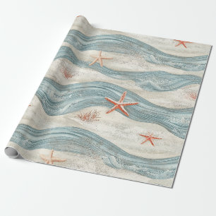 Papier Cadeau Étoile de mer côtière sur motif de vagues de sable