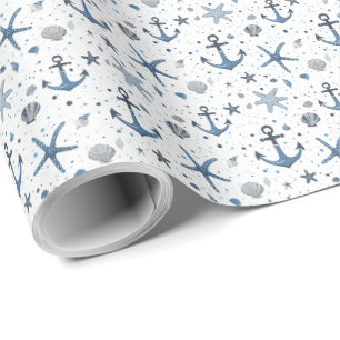 Papier Cadeau Étoile de mer d'ancre nautique bleue et blanche 
