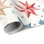 Papier Cadeau Étoile de Noël Ornements Rouge Bleu moderne Noël (Coin rond)