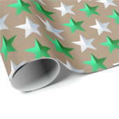 Papier Cadeau Étoiles blanches brillantes et vertes de Kraft rus (Coin rond)