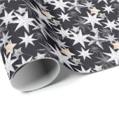 Papier Cadeau Étoiles blanches et beige. Fond noir. Noël (Coin rond)