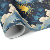 Papier Cadeau Étoiles célestes et nuages bleus modernes (Coin rond)