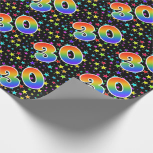 Papier Cadeau Étoiles colorées + Motif "30" d'arc-en-ciel
