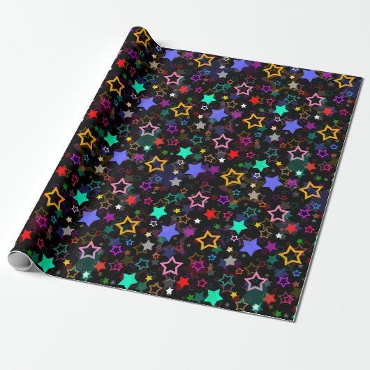 Papier Cadeau Étoiles Colorées Noires (Déroulé)