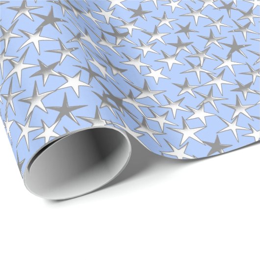 Papier Cadeau étoiles d'argent, sur bleu pâle (Coin rond)