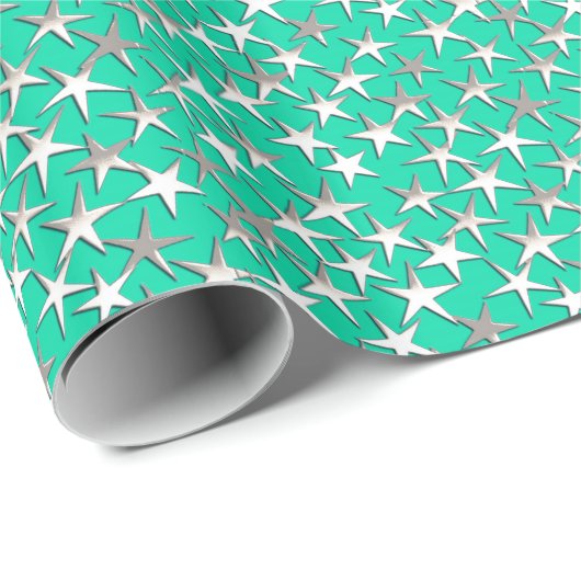 Papier Cadeau étoiles d'argent sur turquoise (Coin rond)