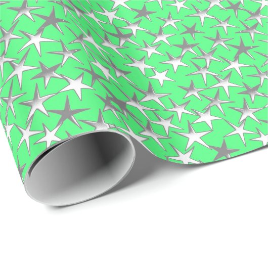 Papier Cadeau étoiles d'argent, sur vert citron (Coin rond)
