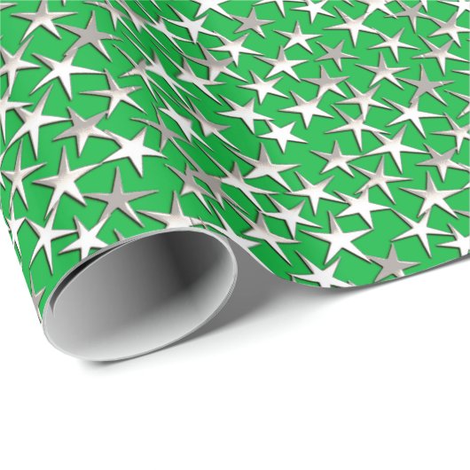 Papier Cadeau étoiles d'argent sur vert émeraude (Coin rond)