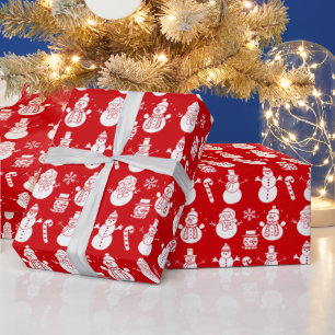Papier Cadeau Étoiles de bonhomme de neige Mignon Rouge Fêtes No