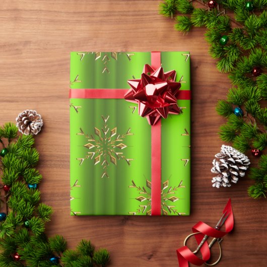 Papier Cadeau Étoiles de flocon d'or sur Noël vert