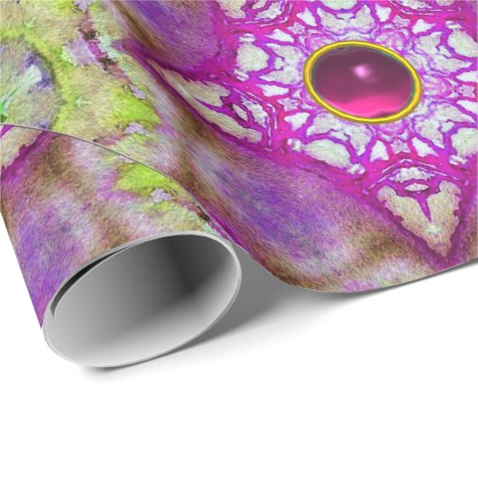 PAPIER CADEAU ÉTOILES DE FUCHSIA ROSE ABSTRAITES AVEC GEMS (Coin rond)