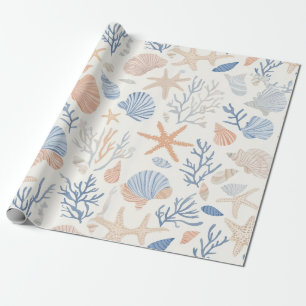 Papier Cadeau Étoiles de mer coquillages bleus et pêche des mers
