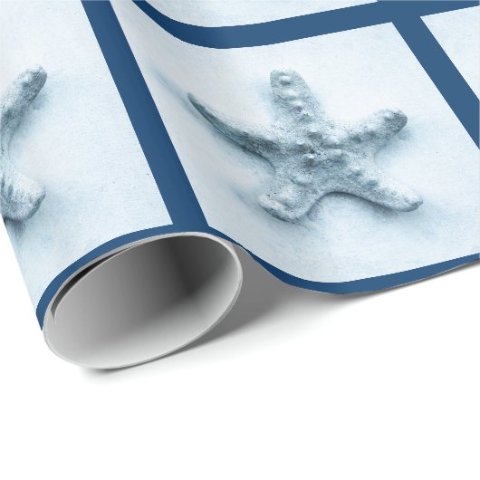 Papier Cadeau étoiles de mer dans des tons nautiques bleus (Coin rond)