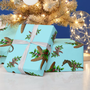 Papier Cadeau Étoiles de mer Hippocampes Motif Bleu Clair Noël