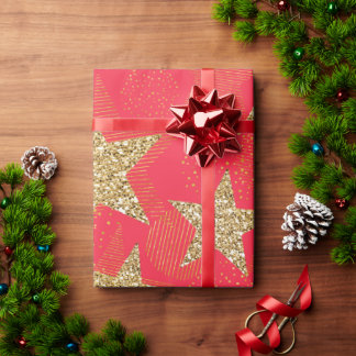 PAPIER CADEAU ÉTOILES DE NOËL À PAILLETTES ROUGES ET DORÉES