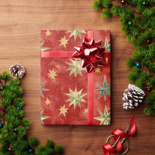 Papier Cadeau Étoiles de Noël Rouge Vert Or (Cadeau de vacances)