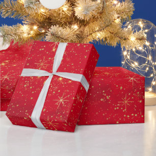 Papier Cadeau Étoiles de Noël rouges et dorées et motif pailleté
