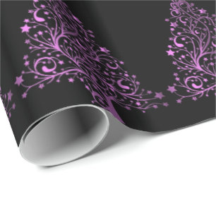 Papier Cadeau Étoiles de Sapin de Noël Noir Métallisé Aspect Ros