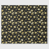 Papier Cadeau Étoiles d'or brillant Lune Ciel noir Ciel noir (Plat)