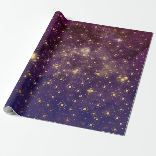 Papier Cadeau Etoiles d'or Galaxy Planètes célestes violettes (Déroulé)
