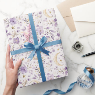 Papier Cadeau Etoiles d'or Lune Fleurs violettes Anniversaire