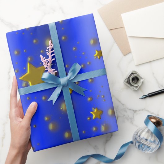 Papier Cadeau Etoiles d'or sur bleu