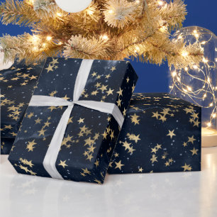 Papier Cadeau Étoiles Dorées Célestes sur Fond Galactique Nuit B