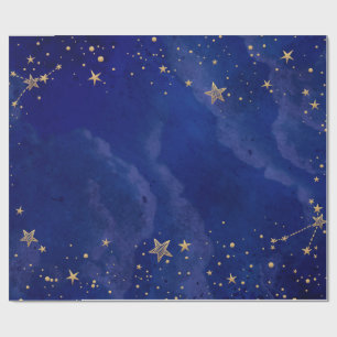 Papier Cadeau Étoiles dorées,Ciel,Bleu marine, Vacances