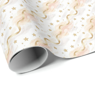 Papier Cadeau Étoiles dorées élégantes et aquarelle rose tendre